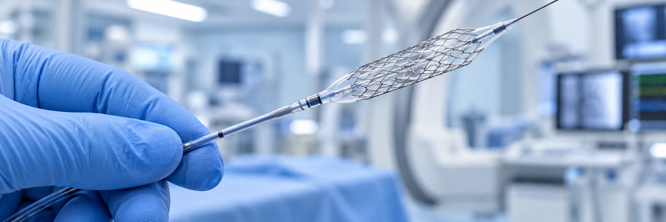 Illustration of a vascular device held in a gloved hand